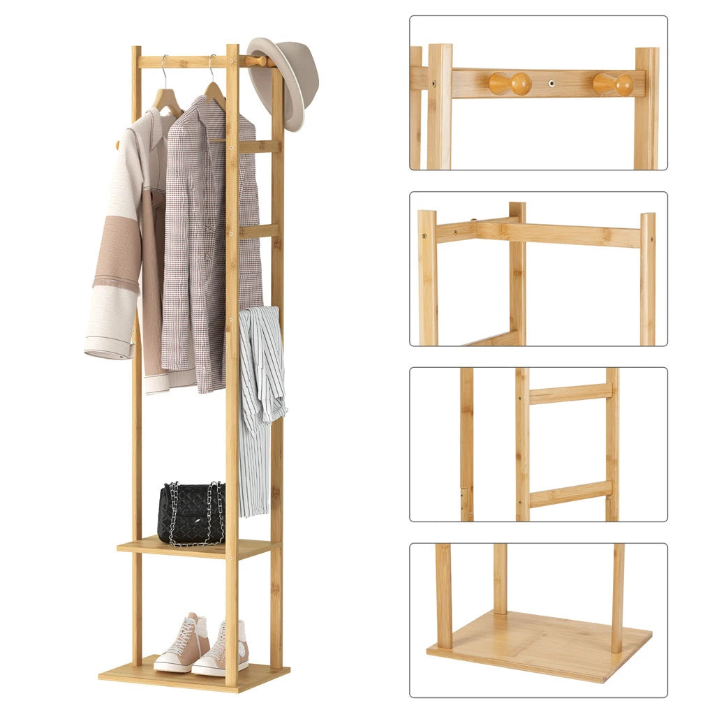 Heavy Duty Bamboo Coat Stand with Hook and Shelves
