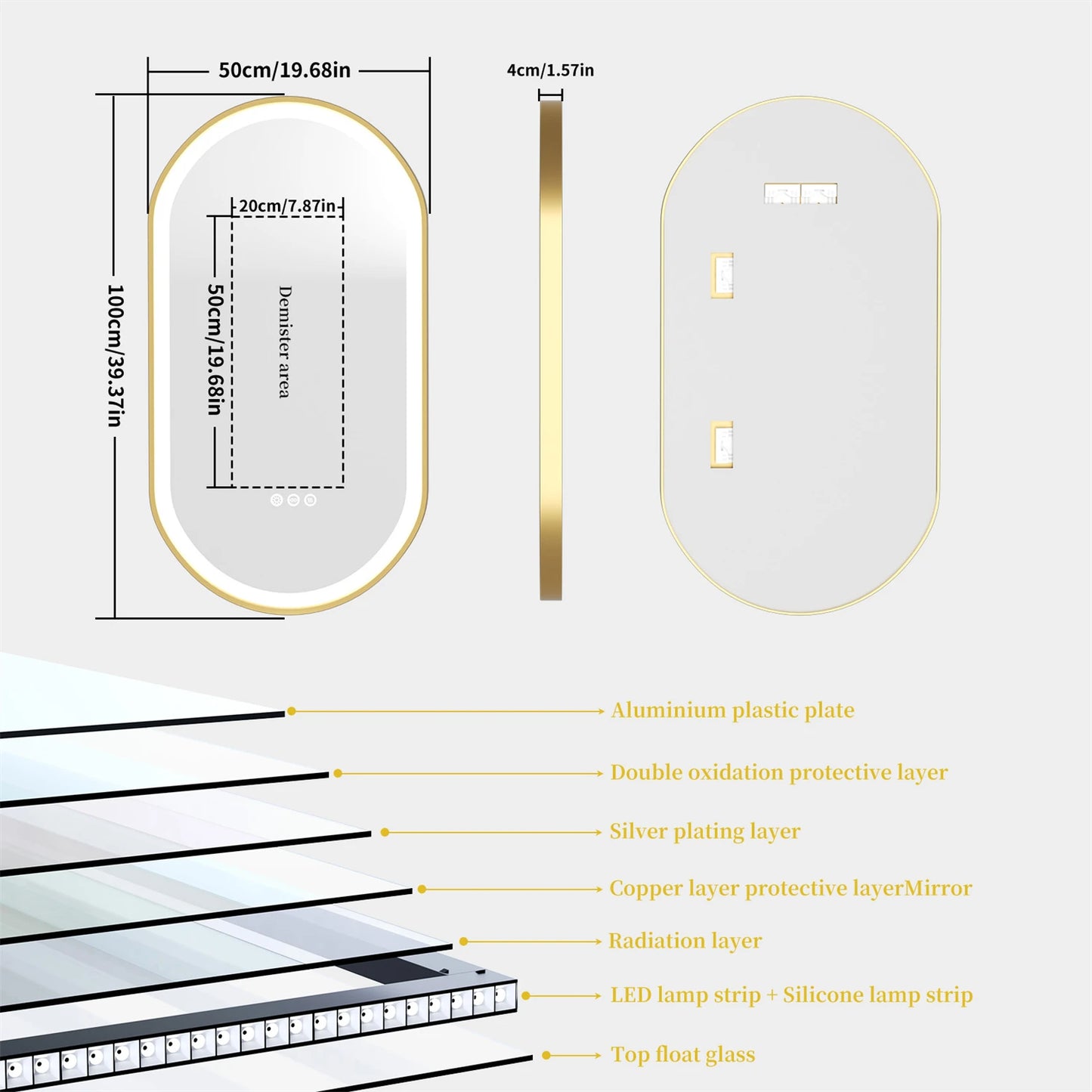 Gold Frame Oval Bathroom Mirror LED Lighted