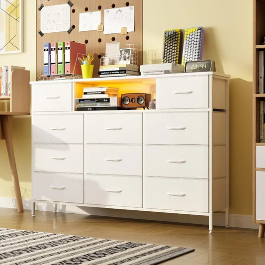 White Dresser TV Stand with 11 Drawers and Charging Station