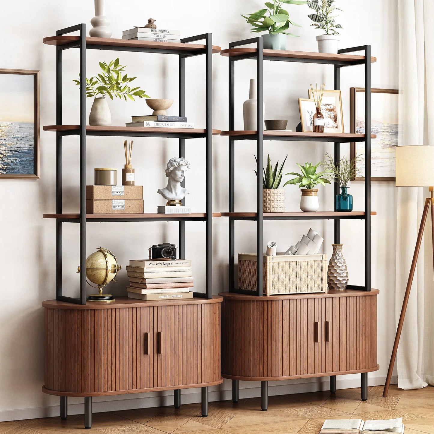 Tall Bookshelf,4-Tier Book Case with Storage Cabinet