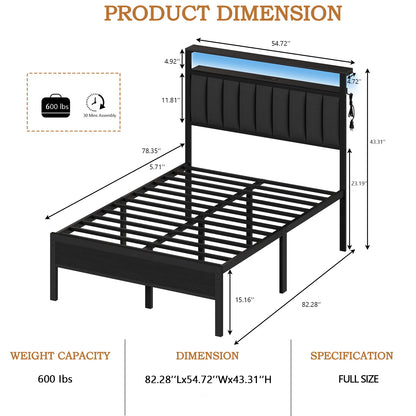 Full/Queen size bed frame with charging station, LED
