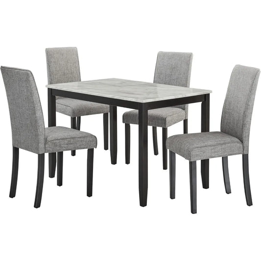 5-Piece Faux Marble Dining Table Set with Upholstered Chairs - Modern Rubber Wood Kitchen Table, 45.5" Stain-Resistant Family