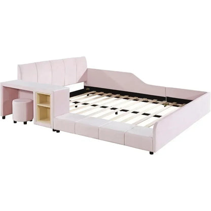 Queen Size Bed Frame with Bedside Desk and Little Round Stool