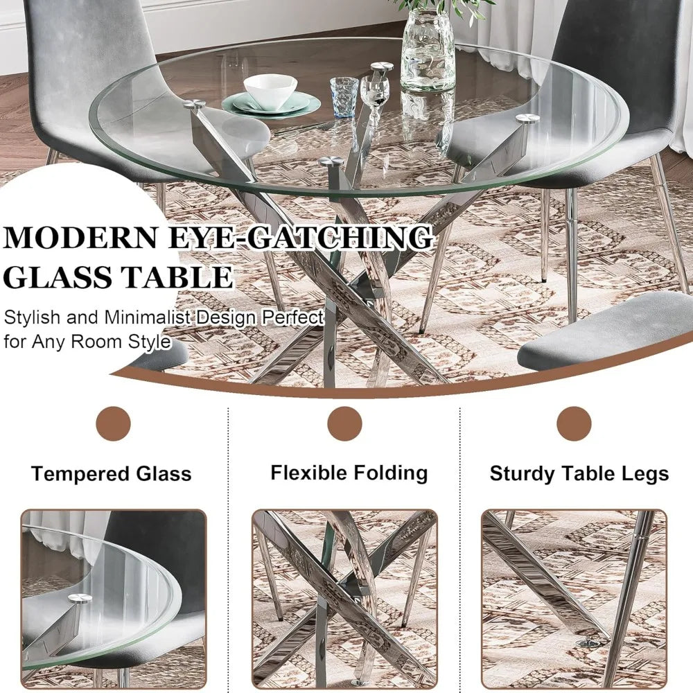 Glass Dining Table Set for 4 with Chairs, Modern 5 Piece Dining Room Set with 36" Round Tempered Glass Table & 4 Velvet Chairs