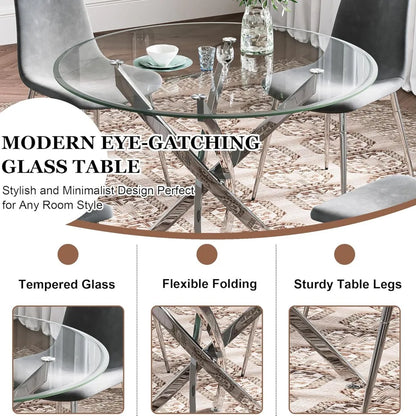 Glass Dining Table Set for 4 with Chairs, Modern 5 Piece Dining Room Set with 36" Round Tempered Glass Table & 4 Velvet Chairs