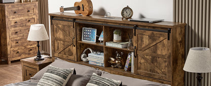 King & Queen Size Bed Frame,Wooden Platform Storage Bed with Bookcase