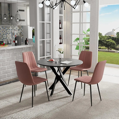 5 Piece Circle Dining Table Set for 4, 42 Inch Black Table & Velvet Upholstered Chairs With Sturdy Metal Legs, Round Kitchen
