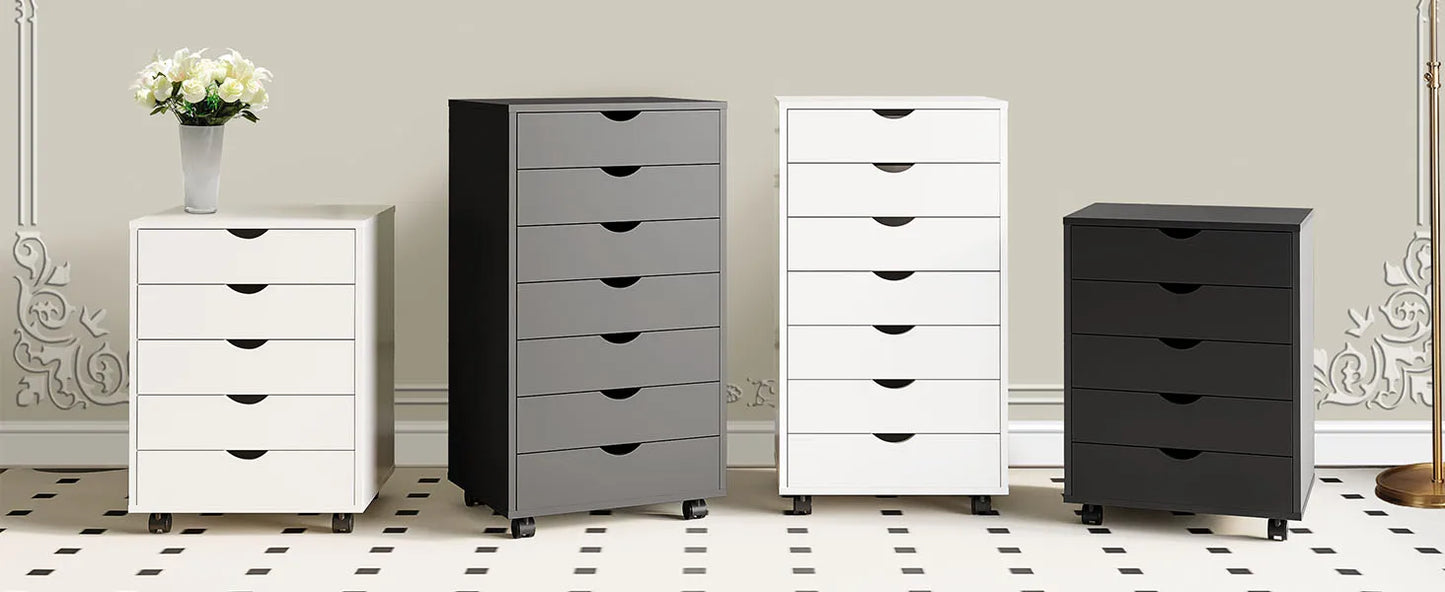 JHK Wood Nightstand Cabinet 5 Drawers Waterproof Surface Storage Organizer File Office Easy To Move Bedside Table Rotating Wheel