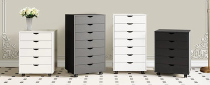 JHK Wood Nightstand Cabinet 5 Drawers Waterproof Surface Storage Organizer File Office Easy To Move Bedside Table Rotating Wheel
