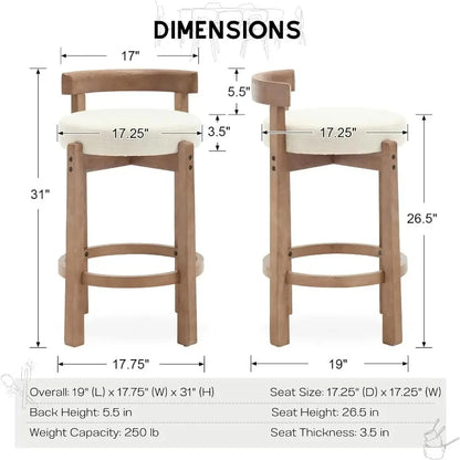 Modern Bar Stools Set of 2, Linen Upholstered, 26.5" Stools with Back