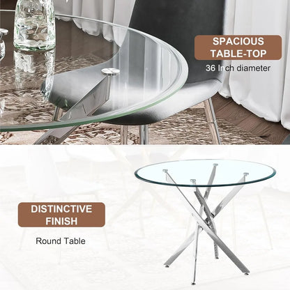 Glass Dining Table Set for 4 with Chairs, Modern 5 Piece Dining Room Set with 36" Round Tempered Glass Table & 4 Velvet Chairs