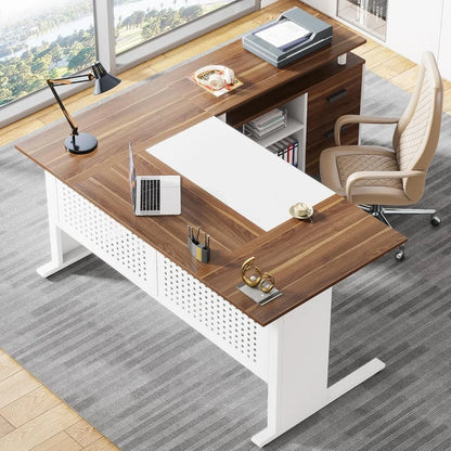 63 Inch L shaped Desk - File Cabinet, Drawers and Shelves