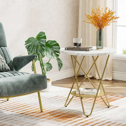 Tribesigns 2 Tier Faux Marble End Table Round Side Table with Shelves Small Coffee Accent Table for Living Room, White and Gold
