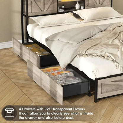 Queen Size Bed Frame with 4 Drawers