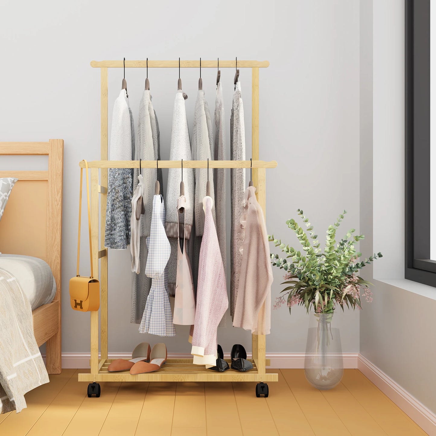 Double Hanging Rails Coat Rack with Storage Shelves