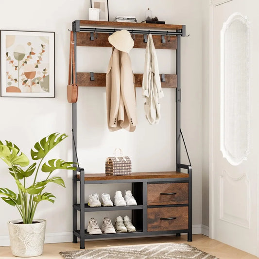 Shoe Bench and Coat Rack with Hooks and Drawers