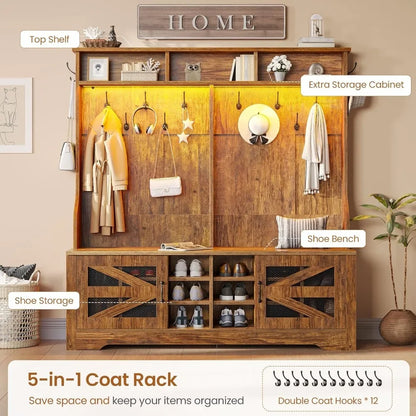 5 in 1 Entryway Bench with Coat Rack, Shoe Cubbies & Shelf