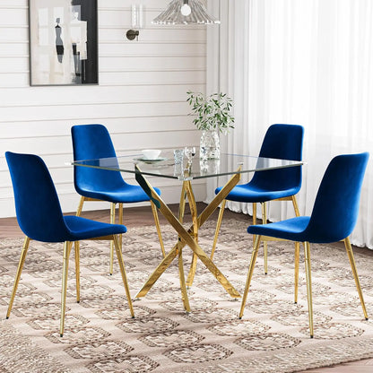 Glass Dining Table Set for 4 with Chairs, Modern 5 Piece Dining Room Set with 36" Round Tempered Glass Table & 4 Velvet Chairs