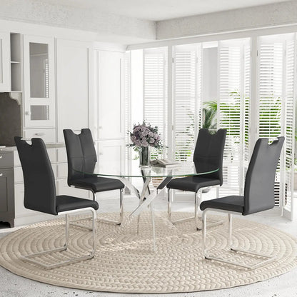 5-Piece Round Dining Table Set for 4, 47" Small Circle Tempered Glass Kitchen Table Set with Chrome Silver Leg, Upholstered
