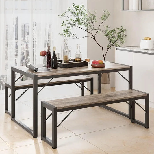 Dining Table Set for 4, with 2 Benches, Dinner Table Set with Metal Frame, Space-Saving Dinette, Dining Room Set