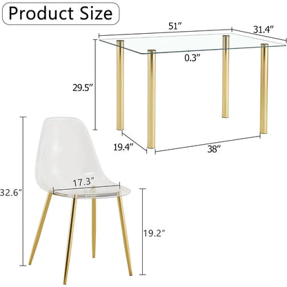 5 Pcs Modern Clear Glass Dining Table Set, 51'' Luxury Rectangular Kitchen Table Set, 4 Person Minimalist Dinner Room Table Set