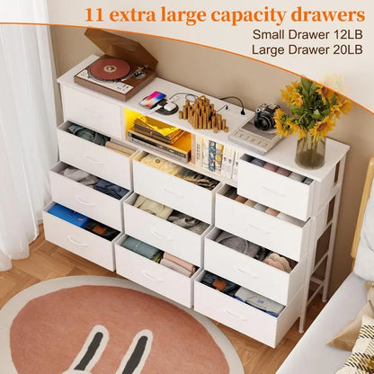 White Dresser TV Stand with 11 Drawers and Charging Station