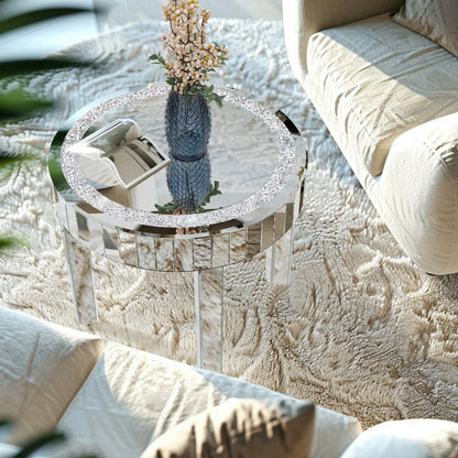 Crushed Crystal Round Coffee Table Glitz Sparkle Diamond Sofa Side Accent Table Bedside Table