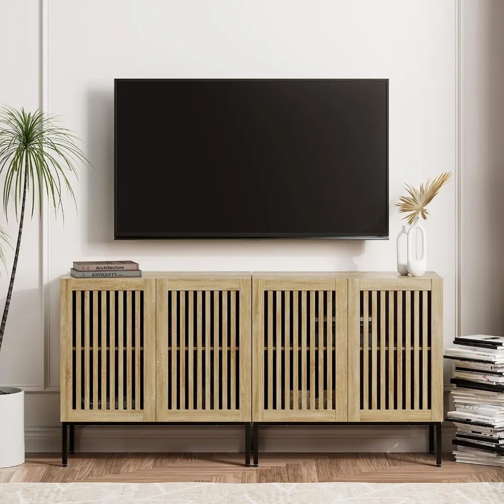 2 in 1 TV Stand with 4 Doors, Oak Sideboard, Metal Base