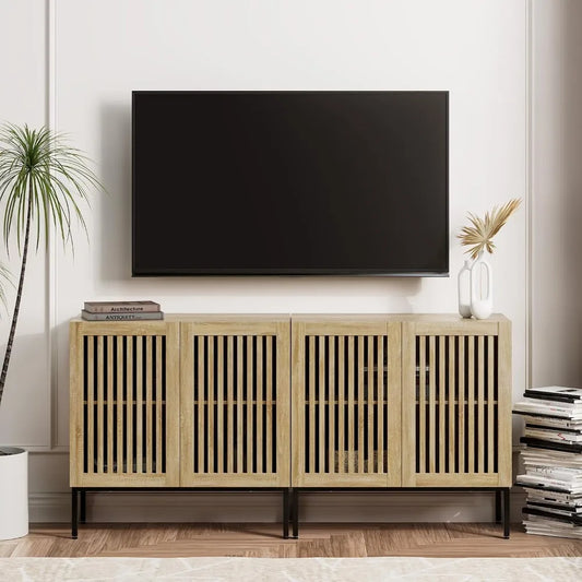 2 in 1 TV Stand with 4 Doors, Oak Sideboard, Metal Base