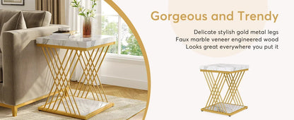 Square End Table White Gold 2-Tier Side Table Modern Small Bedside Table with Storage for Couch ( Faux Marble White+Gold)