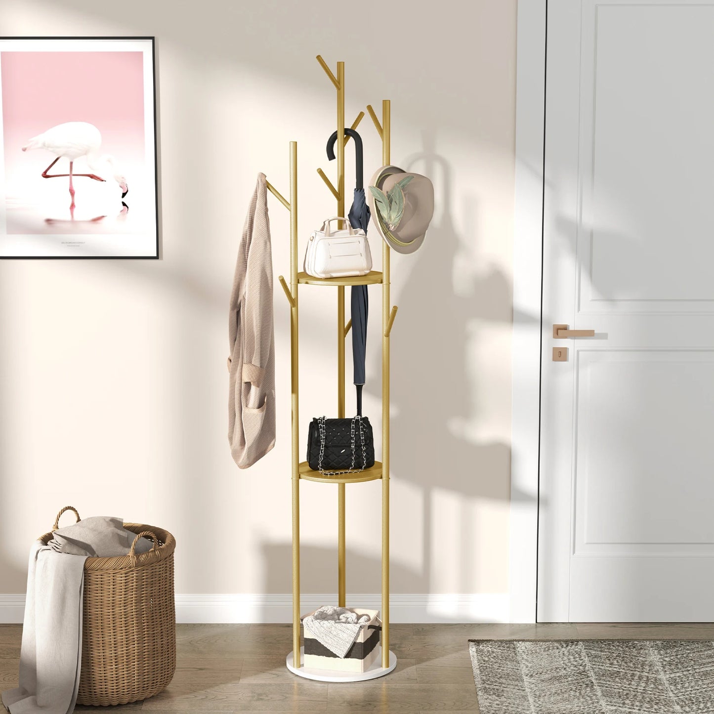 Marble Metal Coat Rack with 3 Storage Shelves and 9 Hooks
