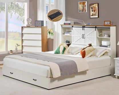 King & Queen Size Bed Frame,Wooden Platform Storage Bed with Bookcase