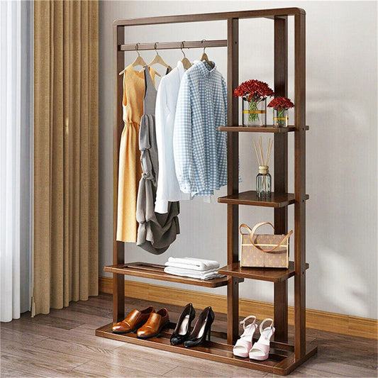 3-in-1 Bamboo Coat Rack with Shelves & Shoe Bench