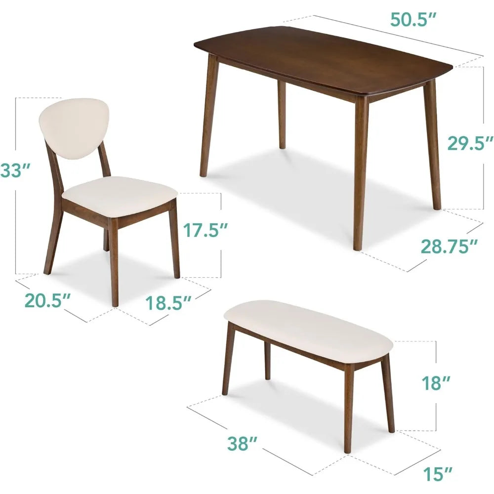 Mid-Century Modern Wood Dining Kitchen Table & Chair Best Choice Products 4-Piece Set w/ 2 Upholstered Chairs, Bench Seat -Brown