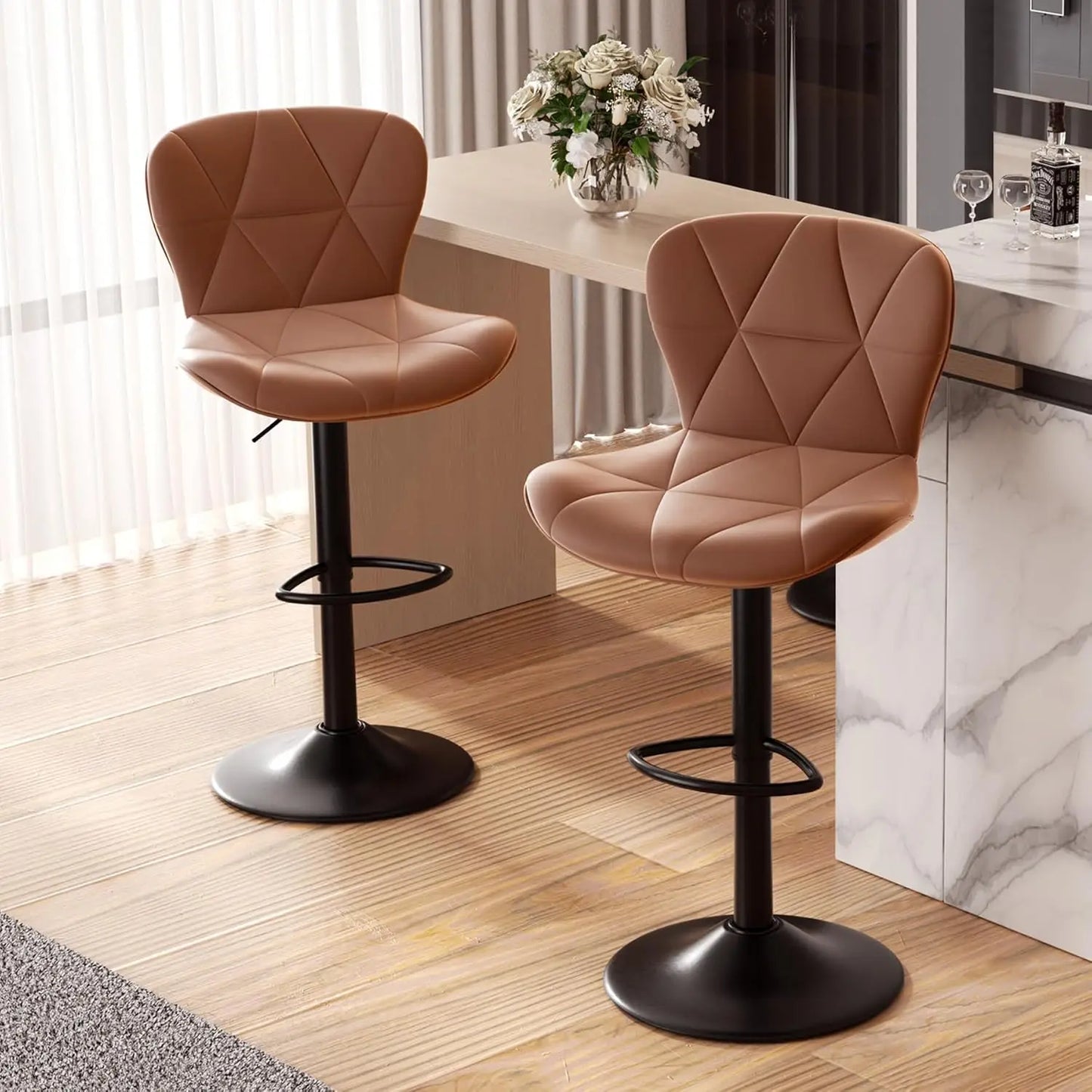Modern Bar Stools Set of 2, Adjustable Faux Leather Upholstered