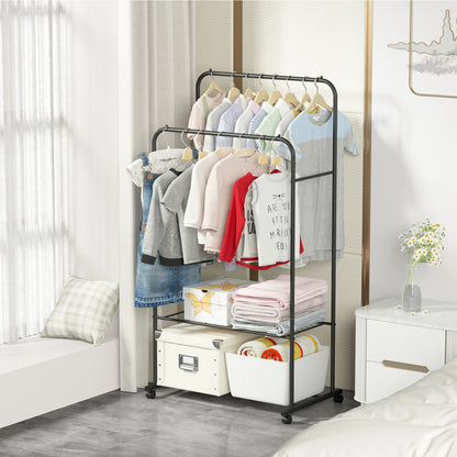 Coat Rack Double Rail Rolling Stand Shoes Rack Storage Shelf