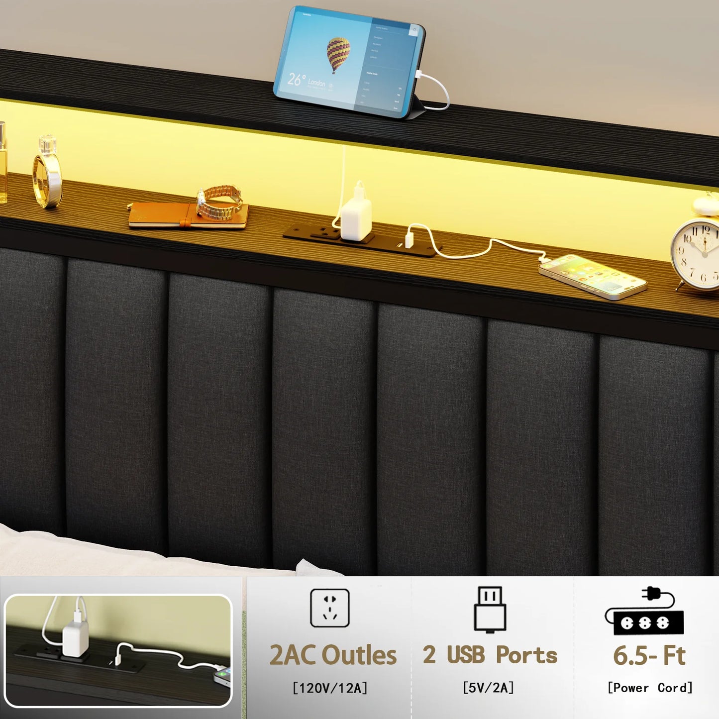 Full/Queen size bed frame with charging station, LED