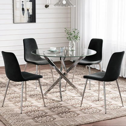 Glass Dining Table Set for 4 with Chairs, Modern 5 Piece Dining Room Set with 36" Round Tempered Glass Table & 4 Velvet Chairs