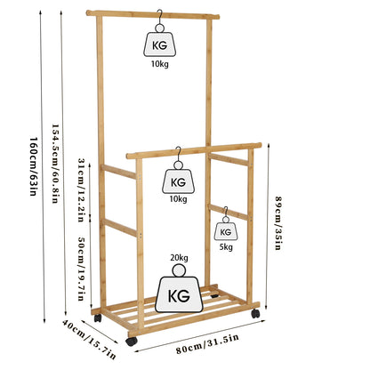 Double Hanging Rails Coat Rack with Storage Shelves
