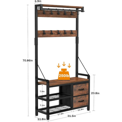 Shoe Bench and Coat Rack with Hooks and Drawers