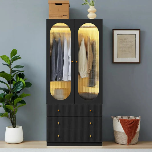 Wardrobe Closet with 3 Fluted Drawers and Hanging Rail