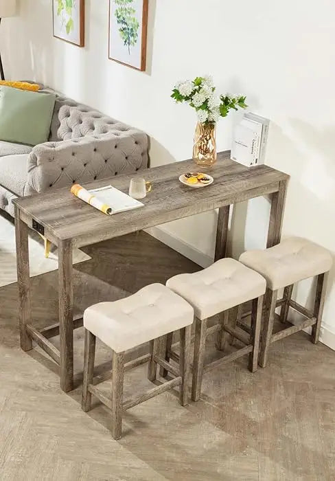 Dining Bar Table and Chairs with Power Outlet, 4 Piece Bar Table Set with Chairs, Sofa Bar Table with 3 Padded Stools