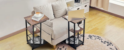 Redlife C Shaped End Table w/ Charging Station Side Table for Couch Sofa Table w/ Storage Shelf & Rolling Wheels for Small Space