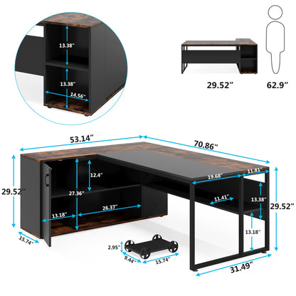 71 inch Executive Desk, L Shaped with Cabinet Storage