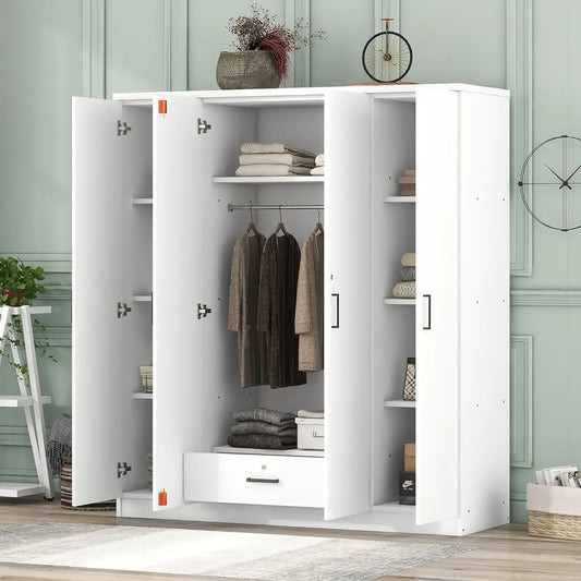 4-Door Wardrobe with Drawers, Shelves and Hanging Rail
