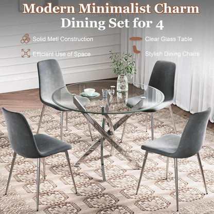 Glass Dining Table Set for 4 with Chairs, Modern 5 Piece Dining Room Set with 36" Round Tempered Glass Table & 4 Velvet Chairs