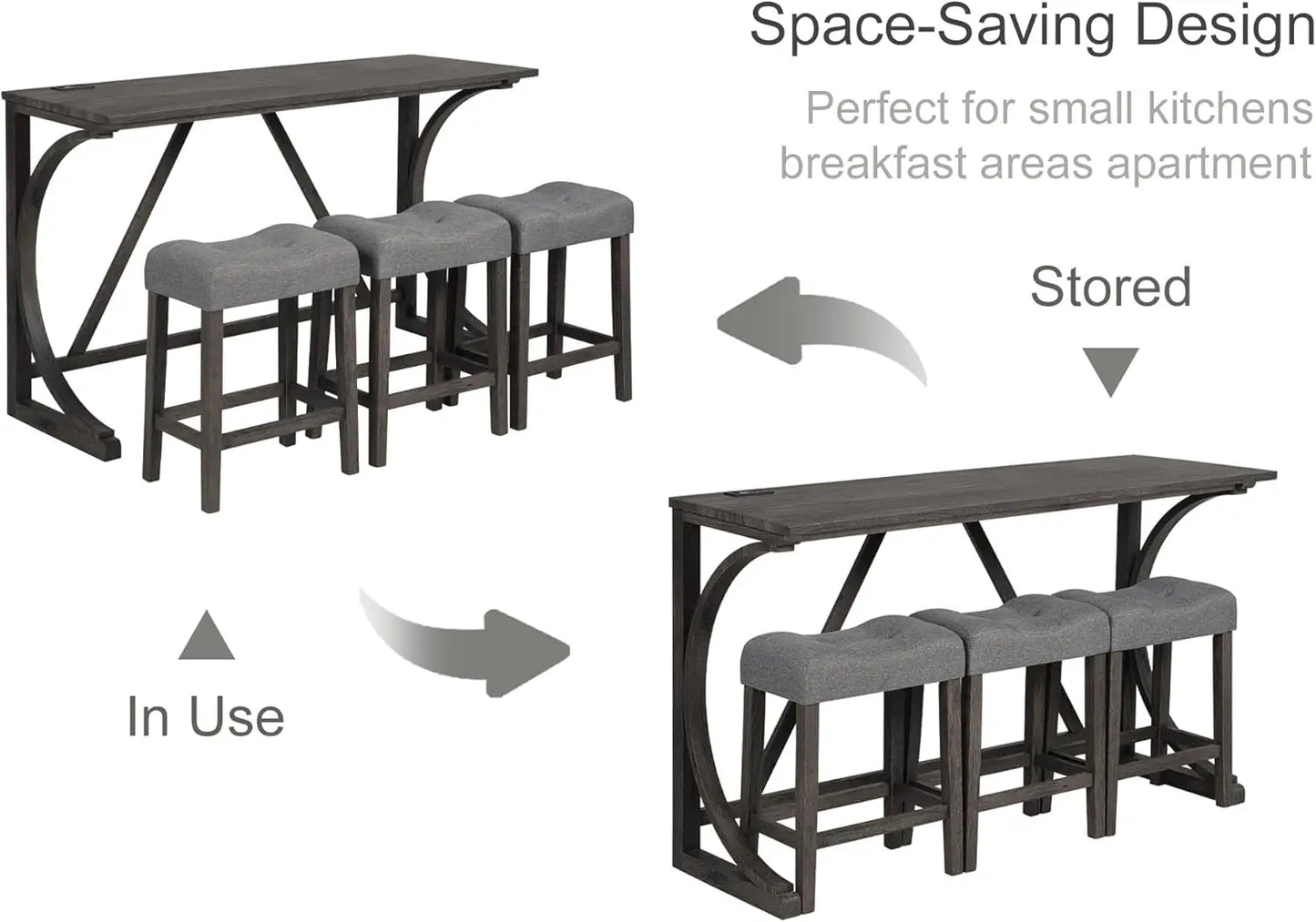 Dining Bar Table and Chairs with Power Outlet, 4 Piece Bar Table Set with Chairs, Sofa Bar Table with 3 Padded Stools