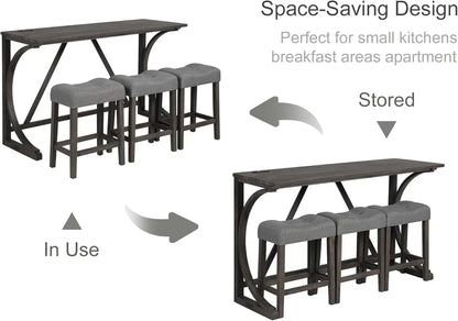 Dining Bar Table and Chairs with Power Outlet, 4 Piece Bar Table Set with Chairs, Sofa Bar Table with 3 Padded Stools