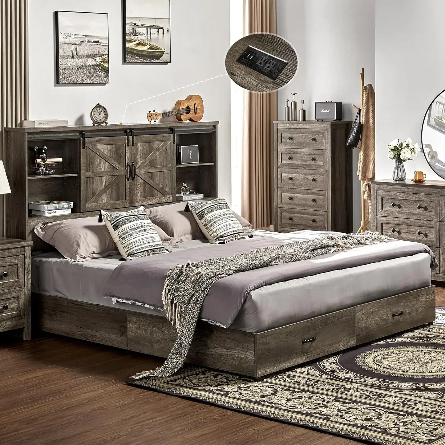 King & Queen Size Bed Frame,Wooden Platform Storage Bed with Bookcase