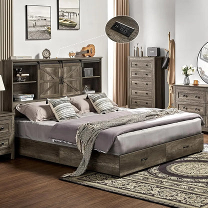 King & Queen Size Bed Frame,Wooden Platform Storage Bed with Bookcase
